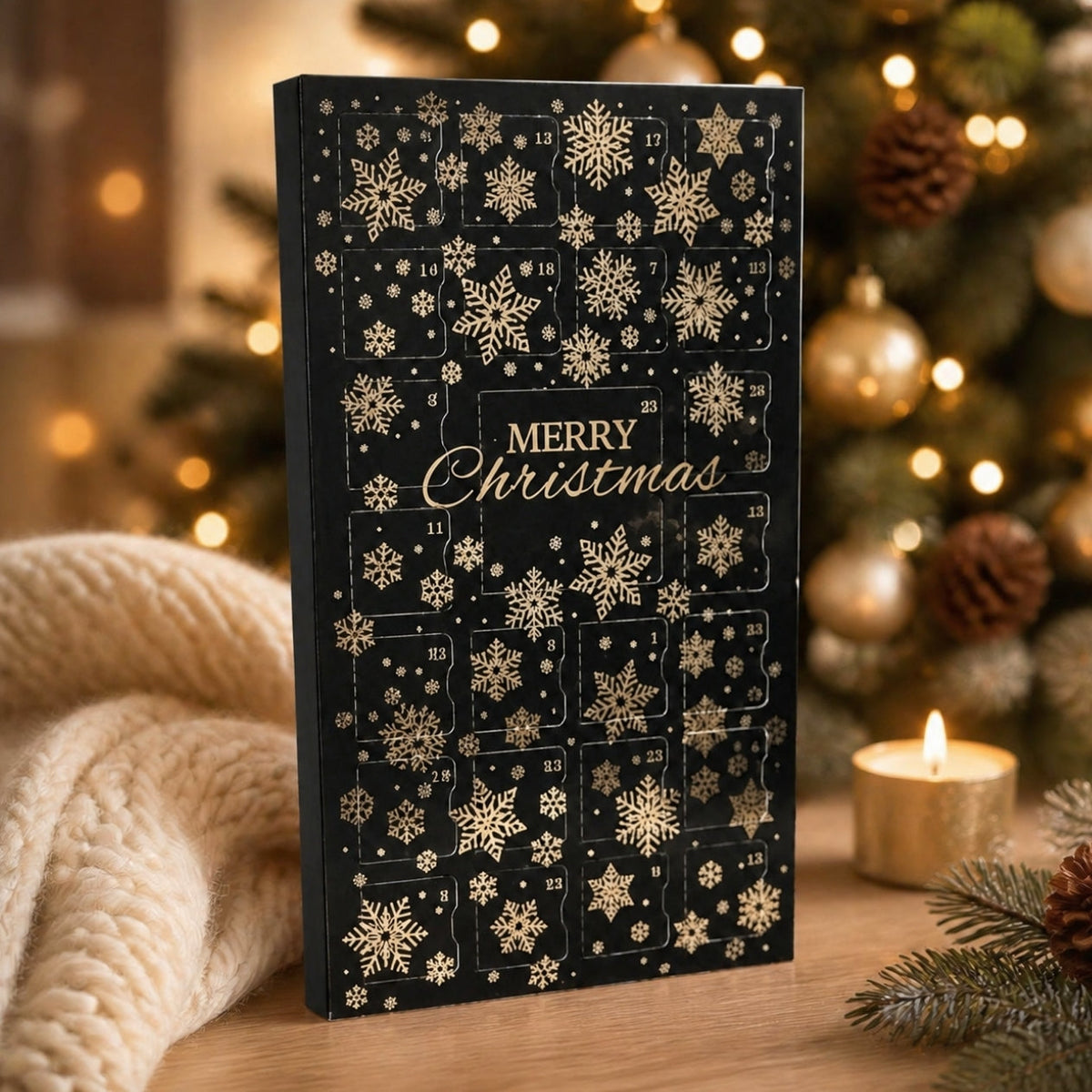 Calendrier de l'Avent noir – coffret noir aux flocons dorés, décor de Noël (visuel non contractuel)
