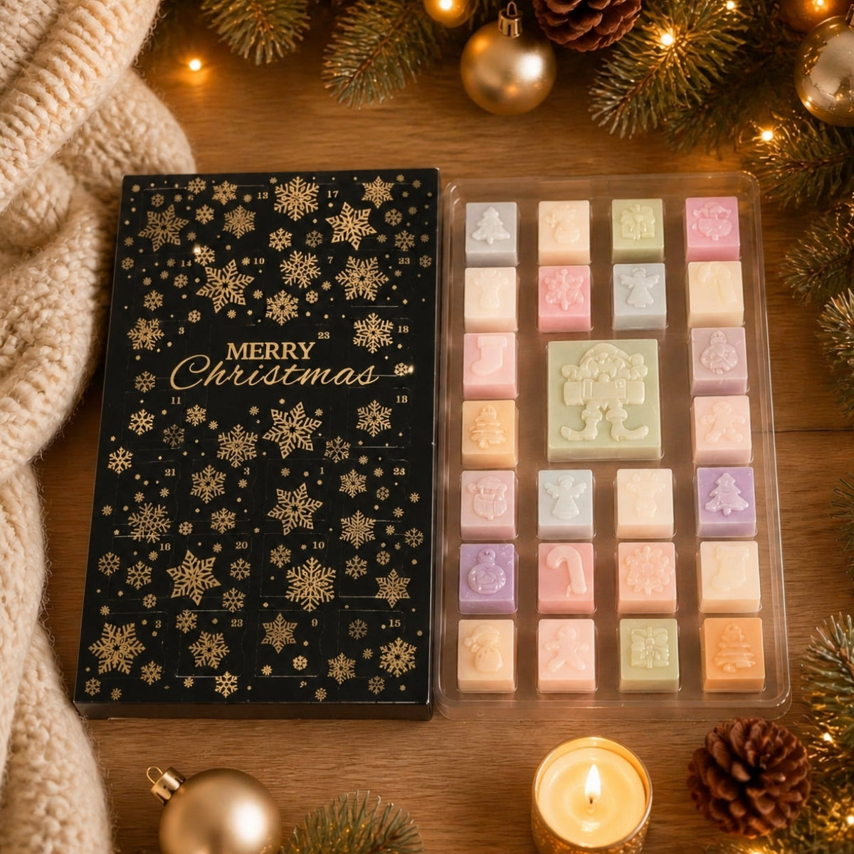 Calendrier de l'Avent noir ouvert avec 25 fondants parfumés pastel (visuel non contractuel)