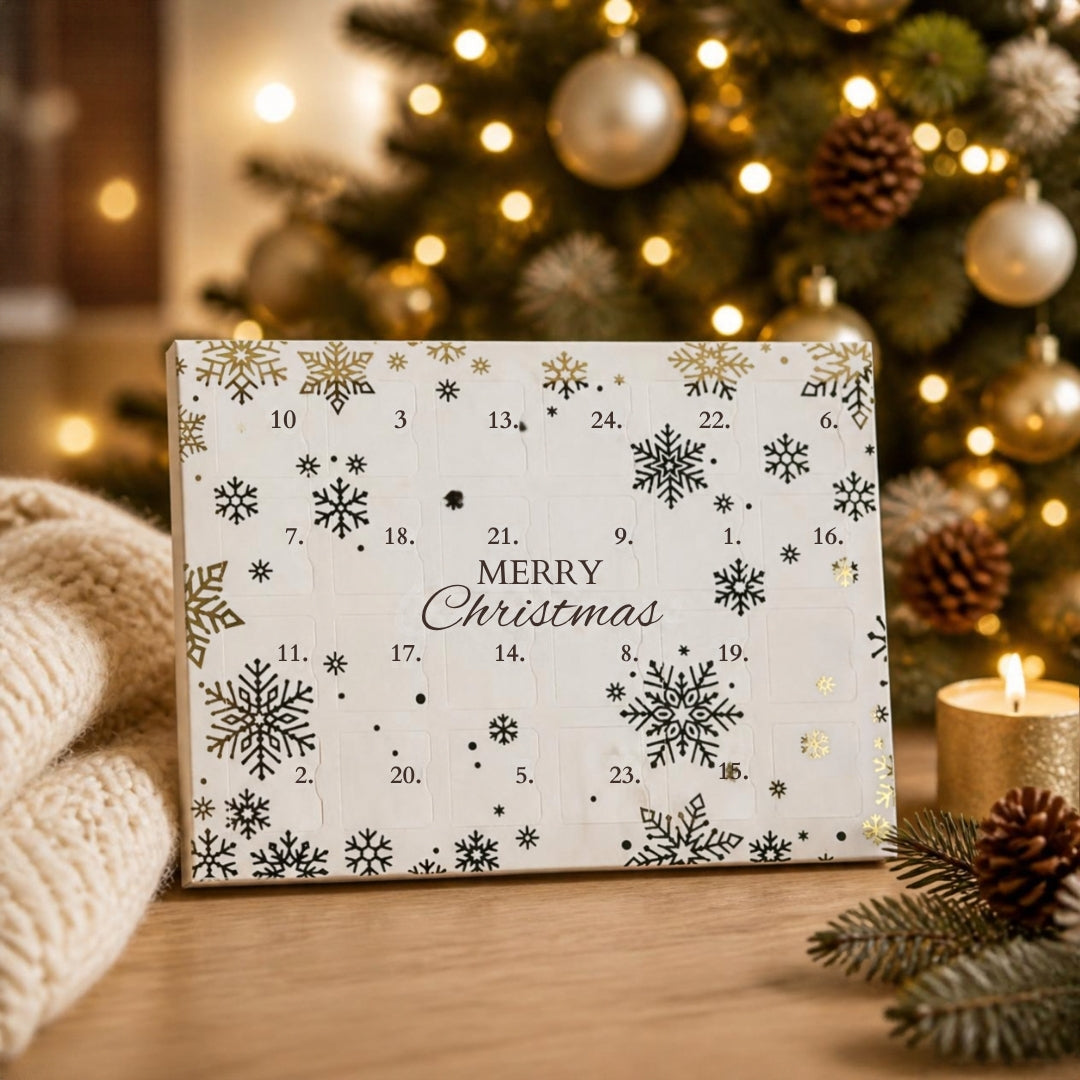 Calendrier de l'Avent blanc – coffret blanc aux flocons dorés et noirs, décor de Noël (visuel non contractuel)