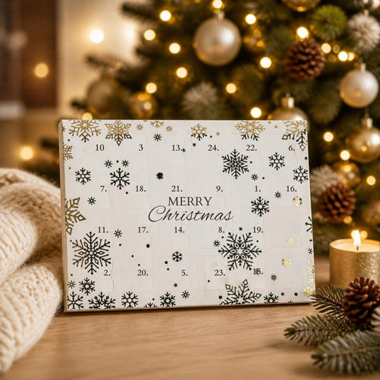Calendrier de l'Avent blanc – coffret blanc aux flocons dorés et noirs, décor de Noël (visuel non contractuel)