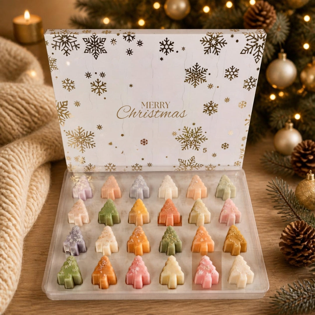 Calendrier de l'Avent blanc ouvert avec 24 fondants sapins pastel (visuel non contractuel)